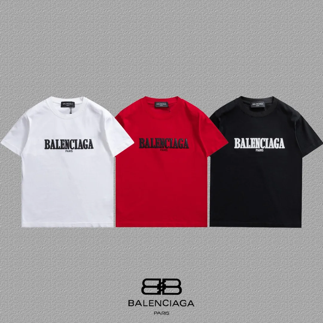 P100✨🔥 [BALENCIAGA] 2026FW short-sleeved T-shirt Premium 26s double yarn 300g fabric embroidery fraying process Color: Black White Red Size: S M L XL 2XL
